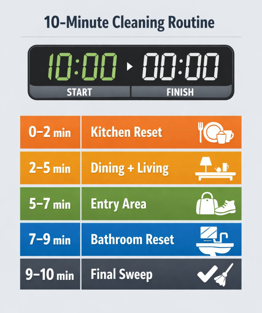 10-minute cleaning routine infographic showing a timed sequence for kitchen, dining, entry, bathroom, and final sweep.