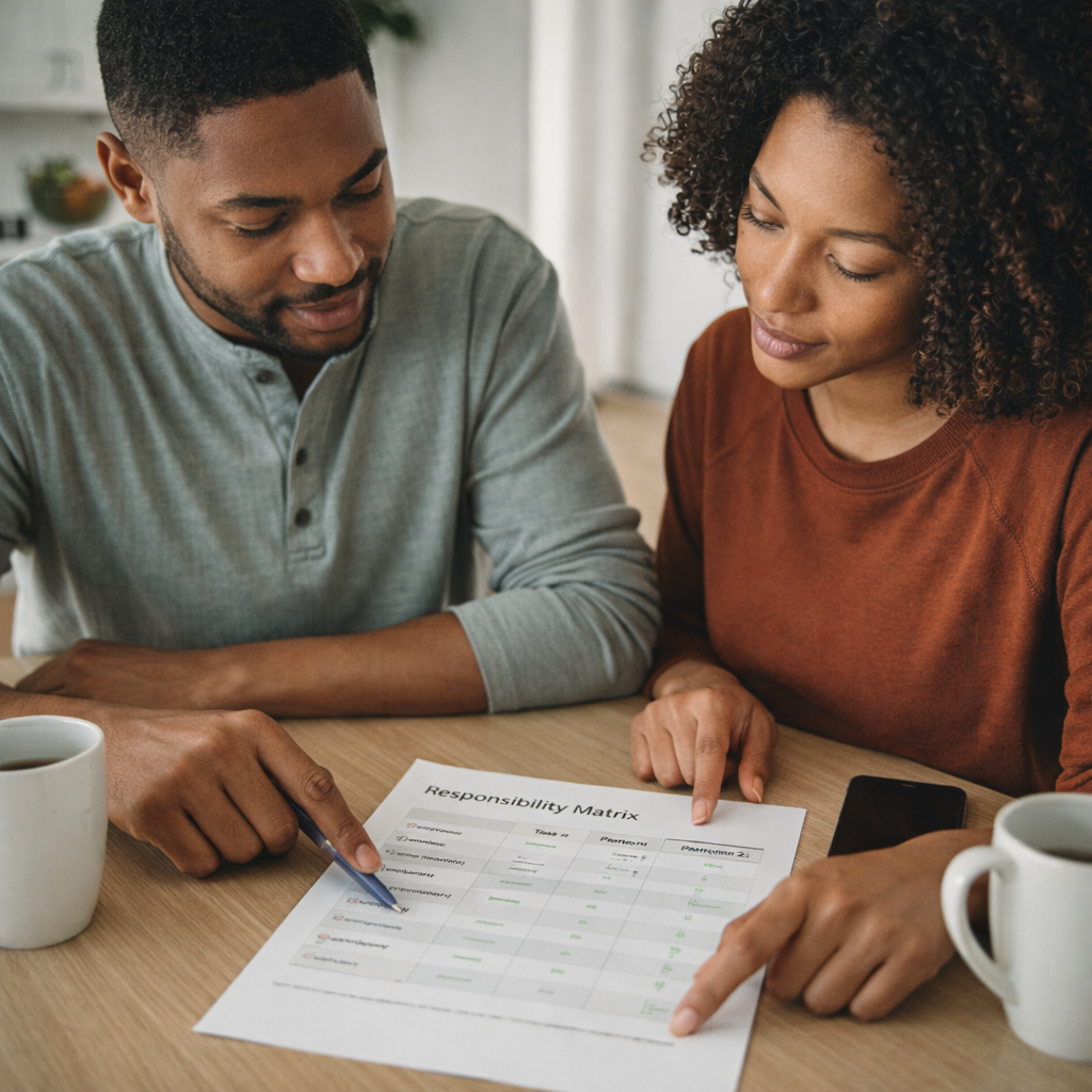 Couple reviewing shared responsibility list together to reduce mental load in relationships.