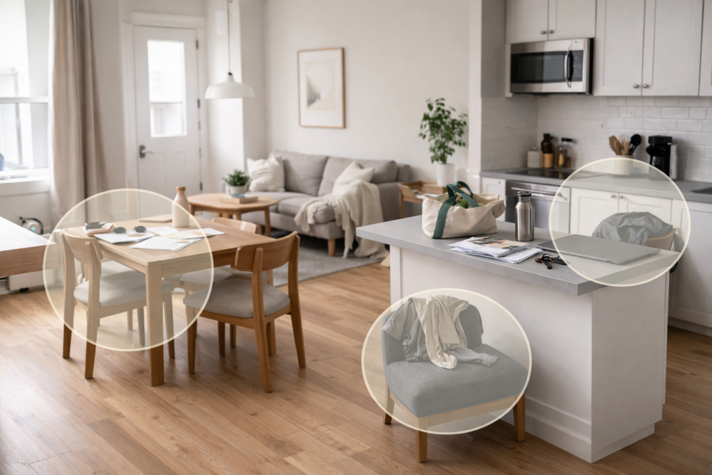 Common clutter hotspots in small apartment layout