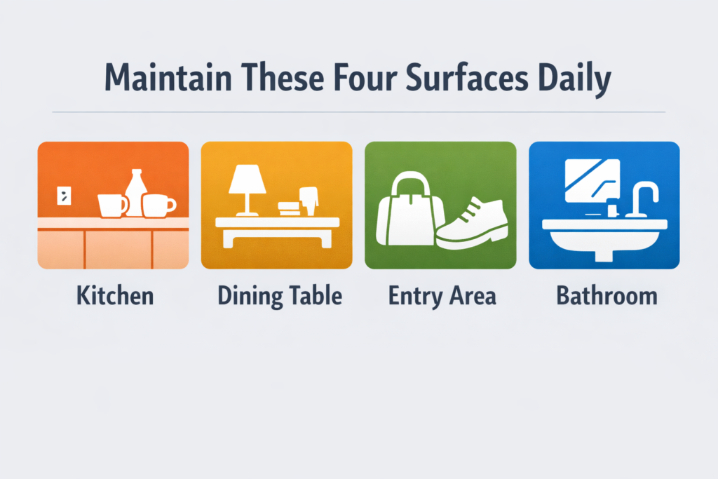Daily high-impact surfaces to reset: kitchen counter, dining table, entry area, and bathroom sink.