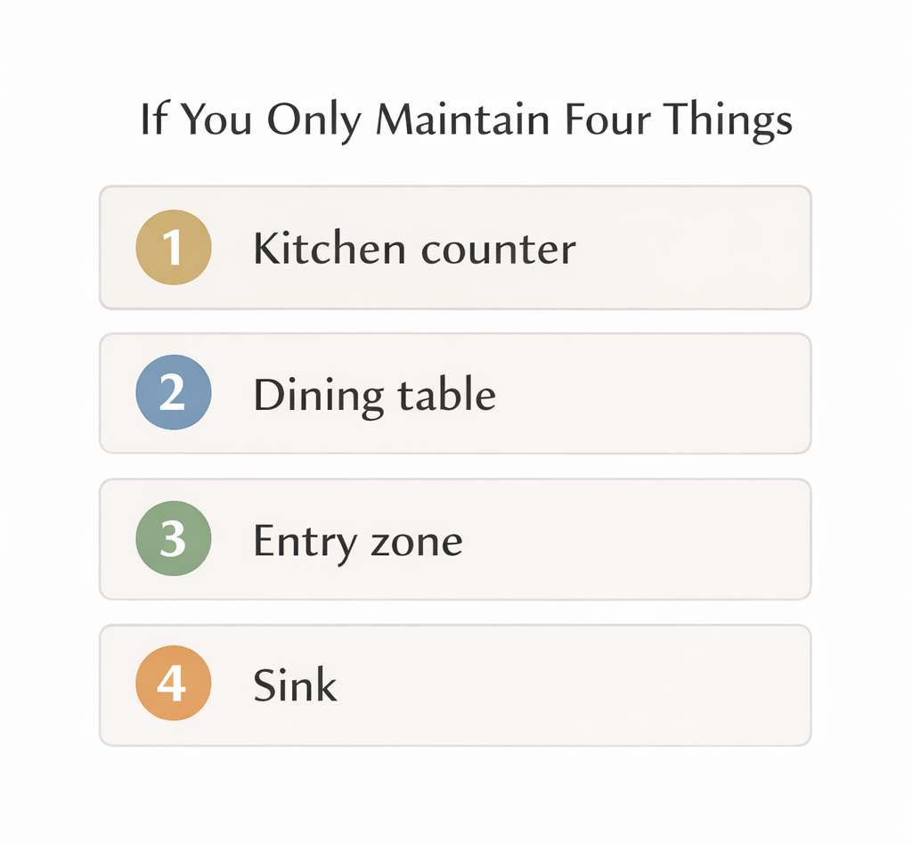 Four high-impact surfaces to maintain in a small home: kitchen counter, dining table, entry zone, and sink.