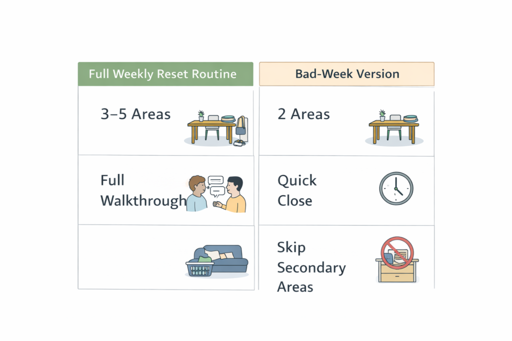 Comparison chart showing a full weekly home maintenance routine versus a simplified bad-week reset version.