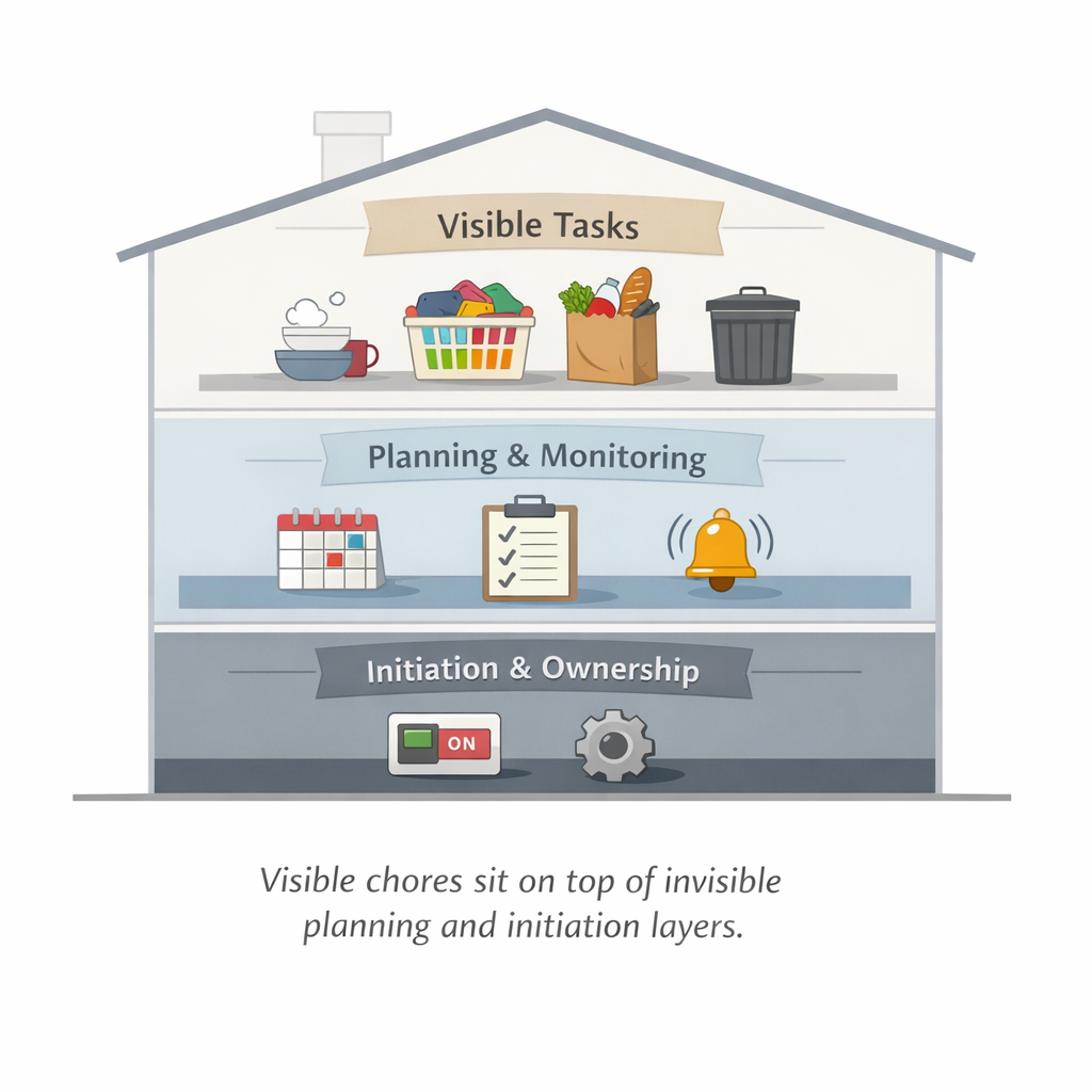 Diagram showing visible household tasks layered above invisible planning and mental load.