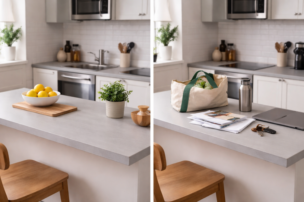 Kitchen counter clutter hotspot in small apartment