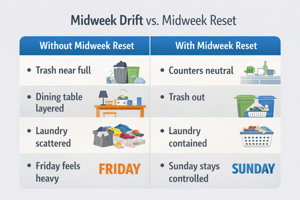 Comparison infographic showing midweek clutter buildup versus a midweek reset with clear counters, trash removed, and contained laundry.