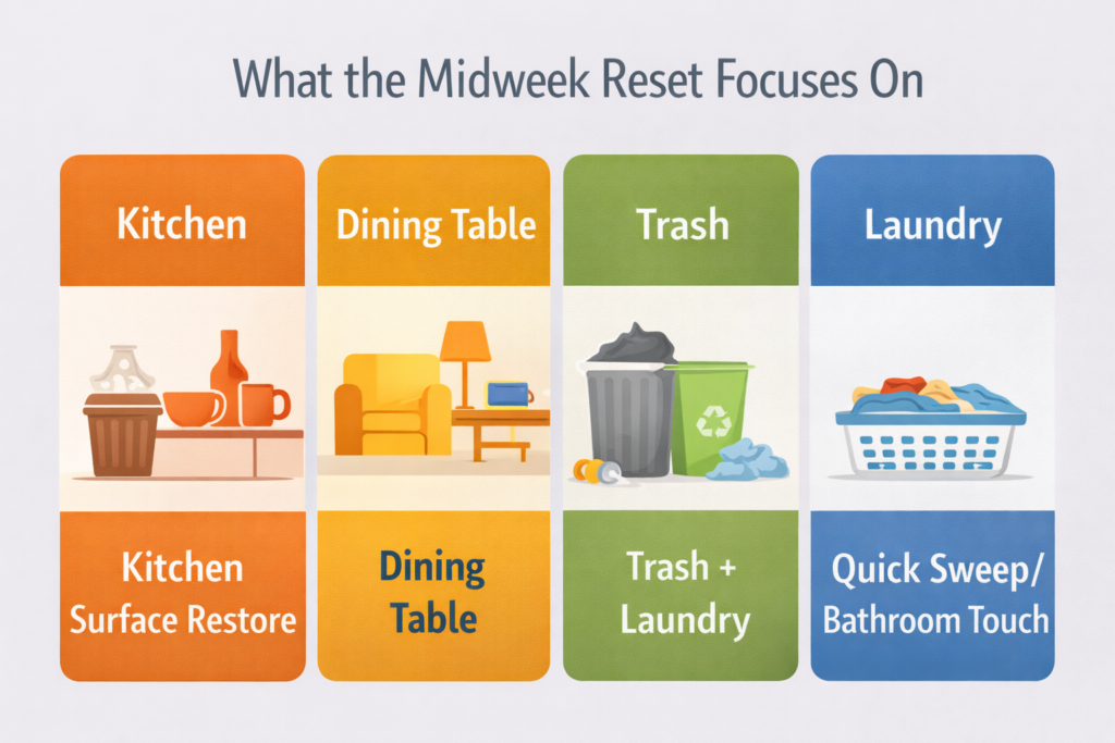 Midweek reset focus areas including kitchen surfaces, dining table, trash removal, and laundry containment.