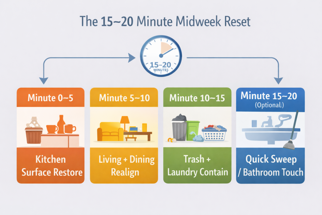 Step-by-step 15 to 20 minute midweek reset routine showing timed tasks for kitchen, living area, trash, laundry, and quick bathroom touch.