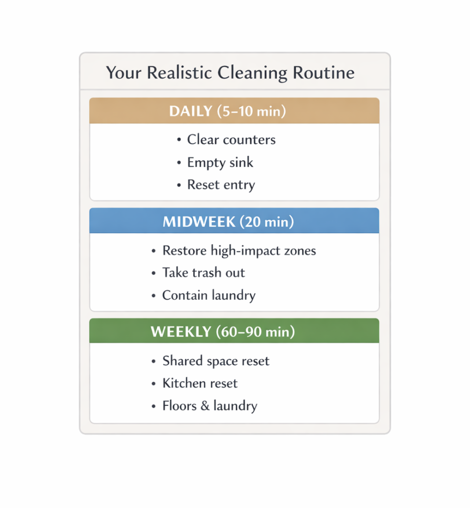 Three-layer realistic cleaning routine for busy couples showing daily micro reset, midweek stabilizer, and weekly reset tasks.