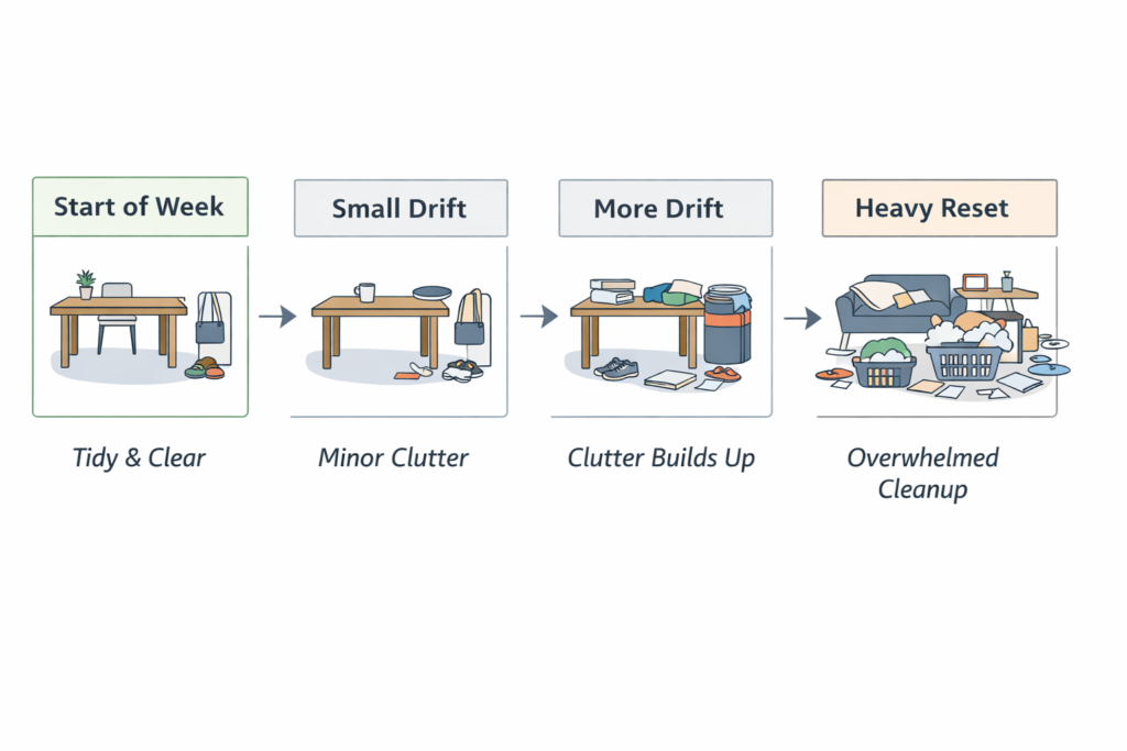 Diagram showing how small daily clutter builds into structural drift without a weekly home reset routine.