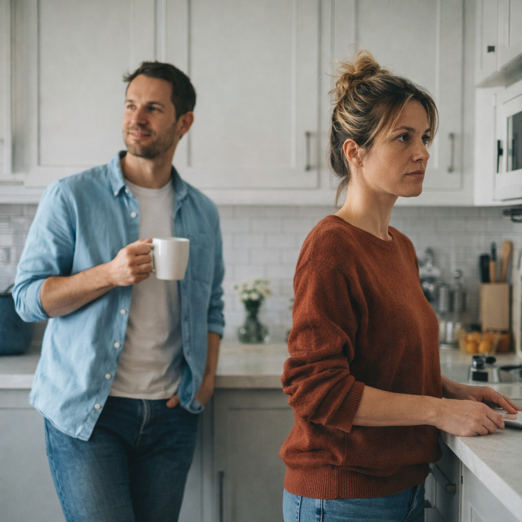 Couple in kitchen where one partner appears to be mentally tracking tasks.