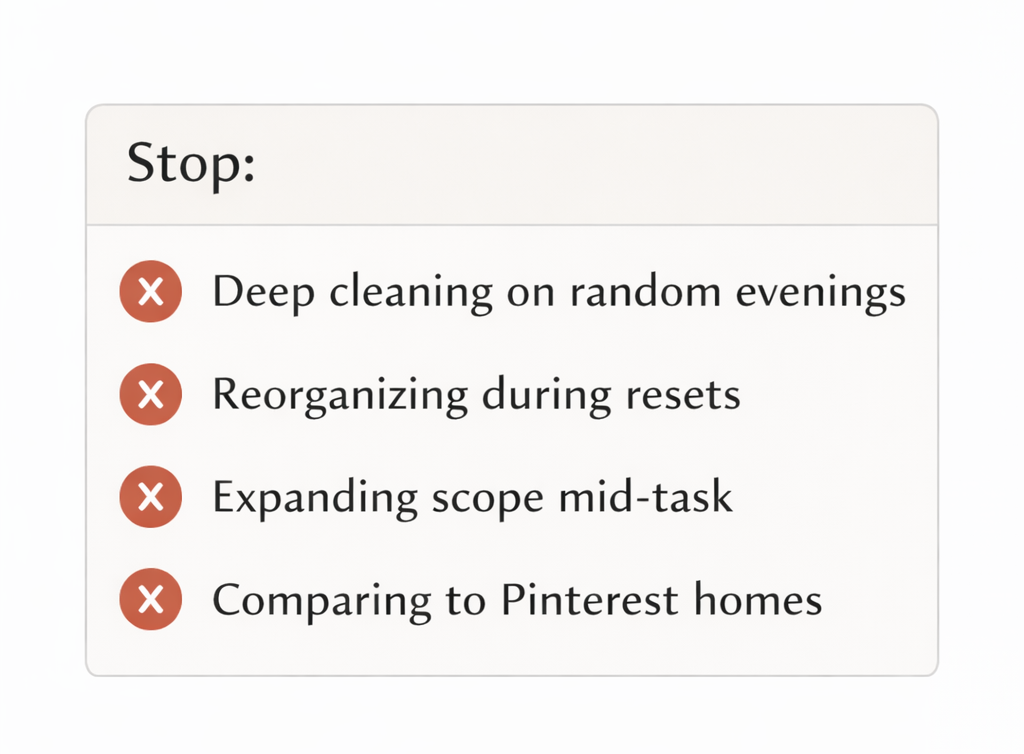 Common cleaning mistakes to stop: random deep cleaning, reorganizing during resets, expanding tasks, and comparison pressure.