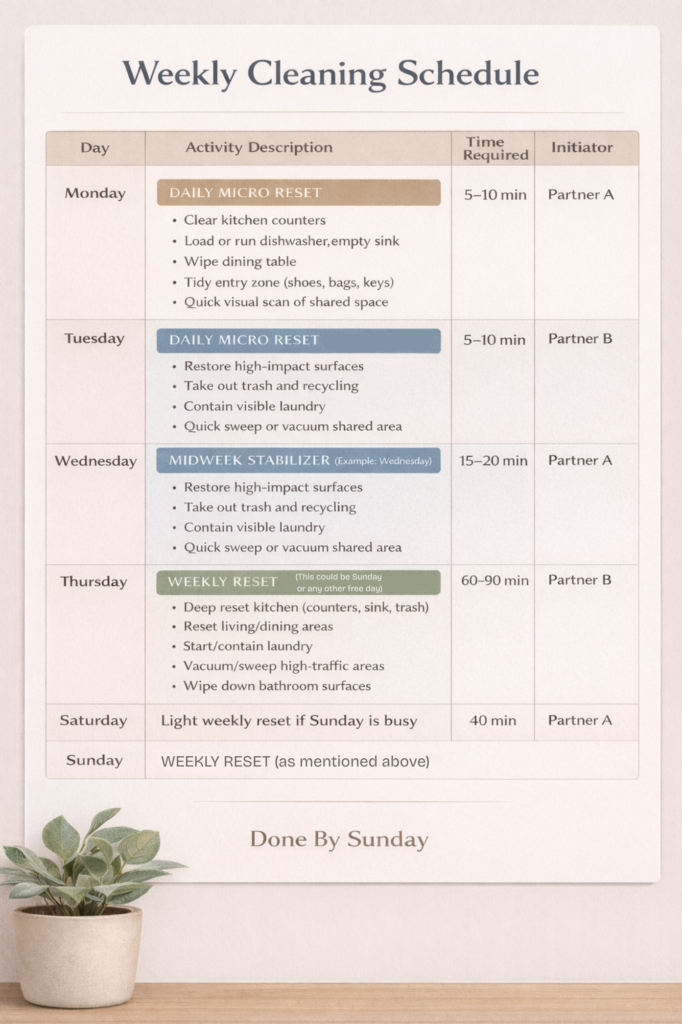 Weekly cleaning schedule table for working couples showing daily micro resets, midweek stabilizer, and weekly reset with time and initiator columns.