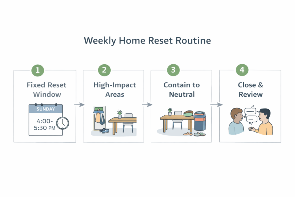 Visual outline of a weekly home reset routine for busy couples showing four structured steps from reset window to review.