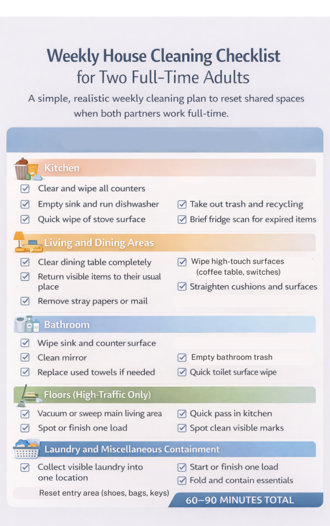Weekly house cleaning checklist for two full-time adults showing kitchen, living area, bathroom, floors, and laundry tasks.