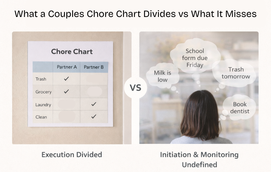 Comparison infographic showing a couples chore chart dividing tasks between two partners on one side, contrasted with invisible mental reminders floating above one partner’s head on the other side.