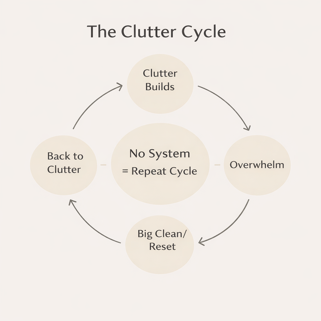 House is cluttered - clutter cycle showing how homes move from buildup to cleaning and back again without a system