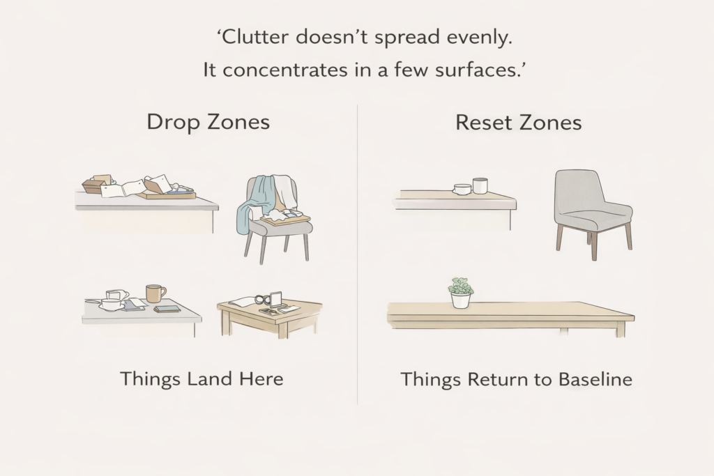 Comparison of cluttered drop zones versus reset zones in a home showing how clutter accumulates on specific surfaces