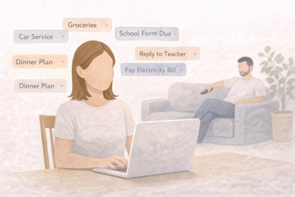 Illustration of one partner working at a laptop with floating task tabs above their head labeled groceries, school form due, car service, reply to teacher, dinner plan, and pay electricity bill, while the other partner relaxes on a couch in the background.