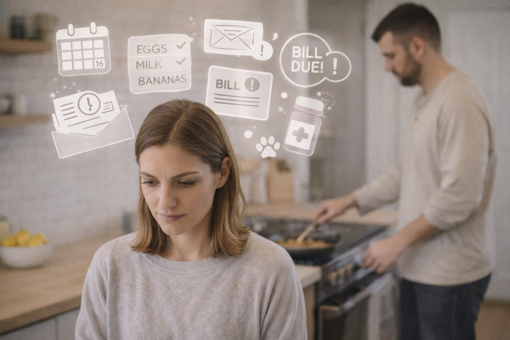 Illustration showing one partner carrying multiple floating reminders and mental tasks while standing in a kitchen.