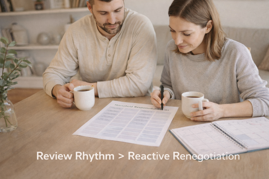 Couple reviewing a printed household responsibility sheet during a scheduled weekly planning session.