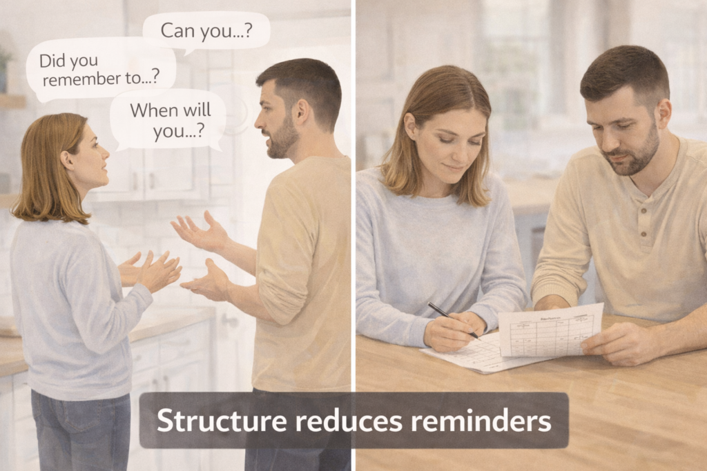 Side-by-side image showing tense chore reminder conversation contrasted with calm structured planning session.