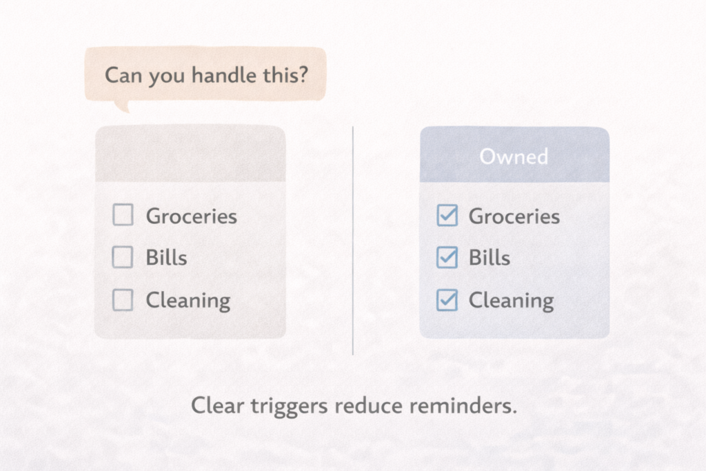 Illustration comparing repeated reminders about chores with clearly assigned ownership and no reminders.